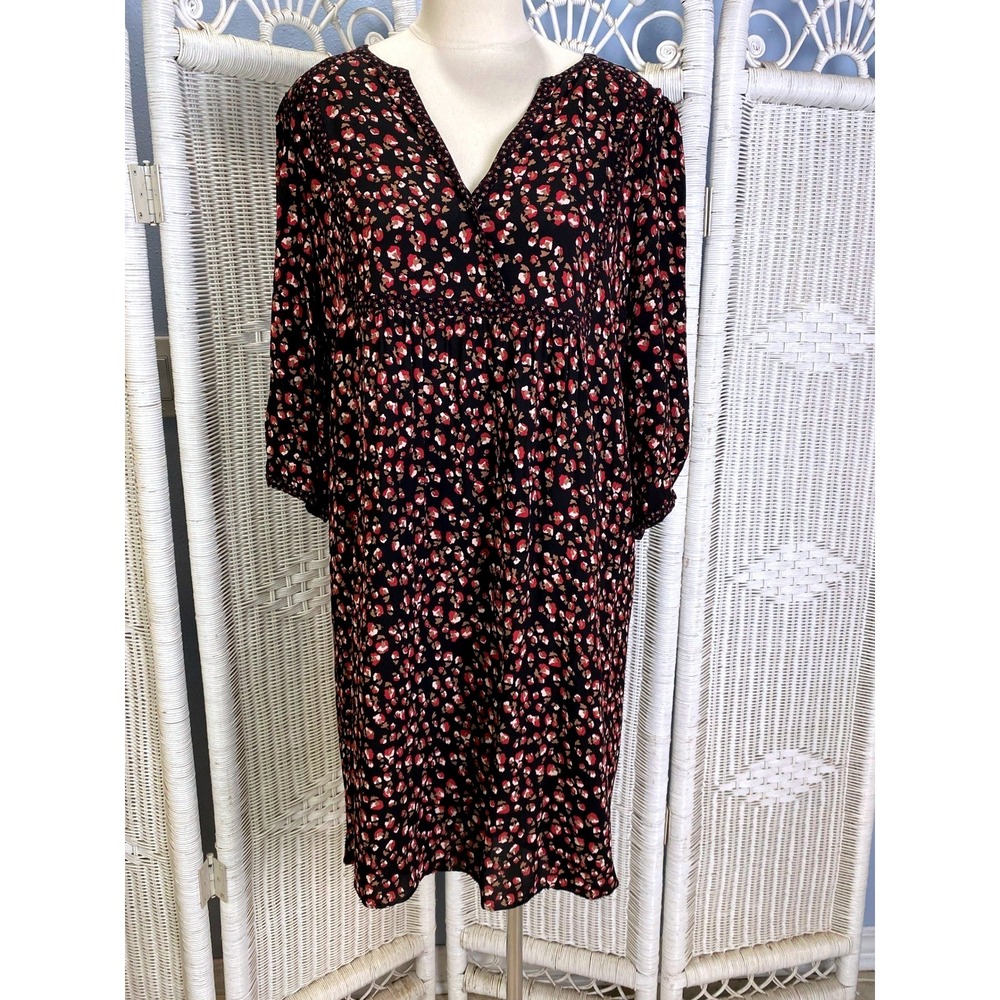Gérard Darel Paris Black Floral Print Dress‎ 44 Smocked Neckline French Viscose